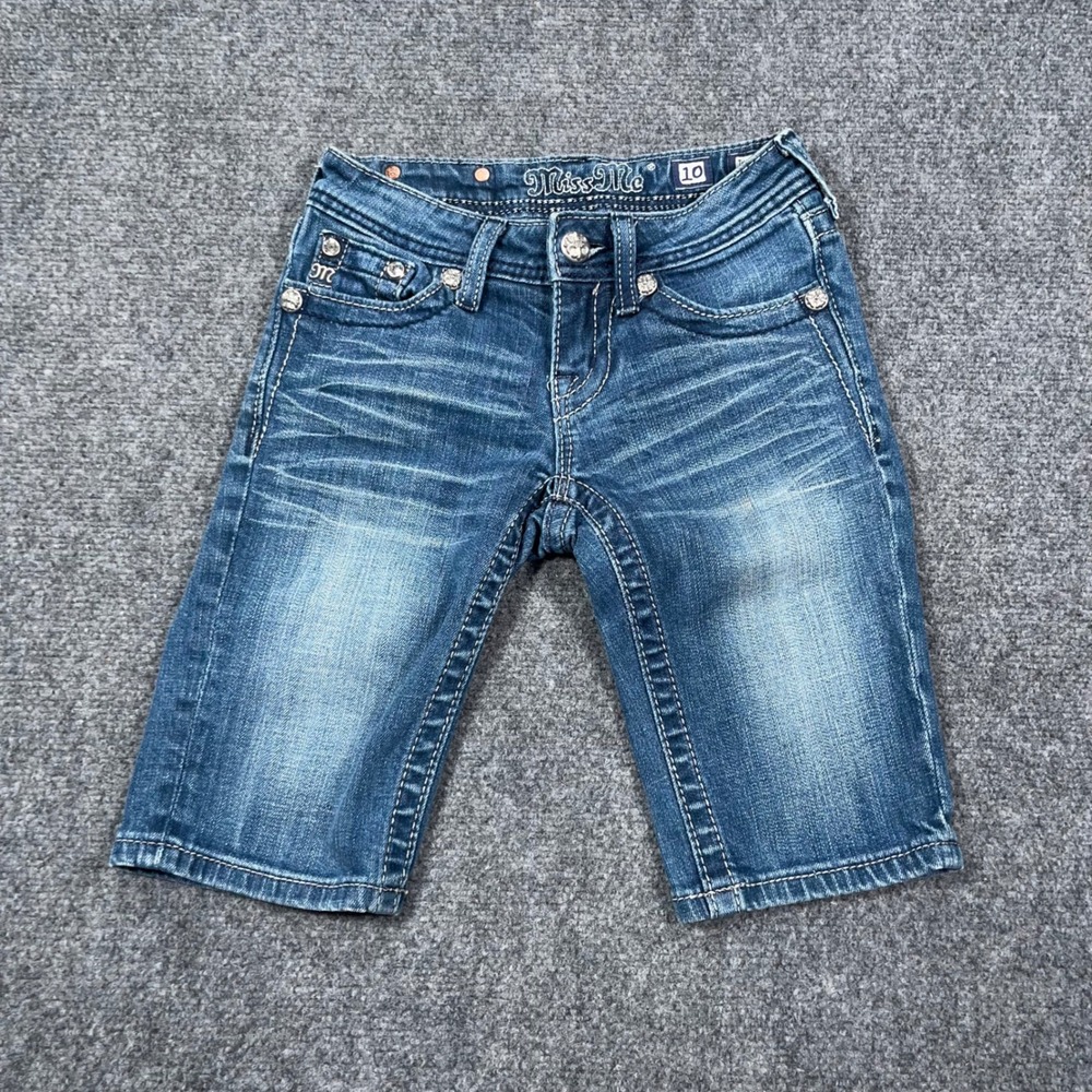 Miss Me Bermuda Denim Shorts Girls 10 Wing Pocket Embellished Blue JK5082M13